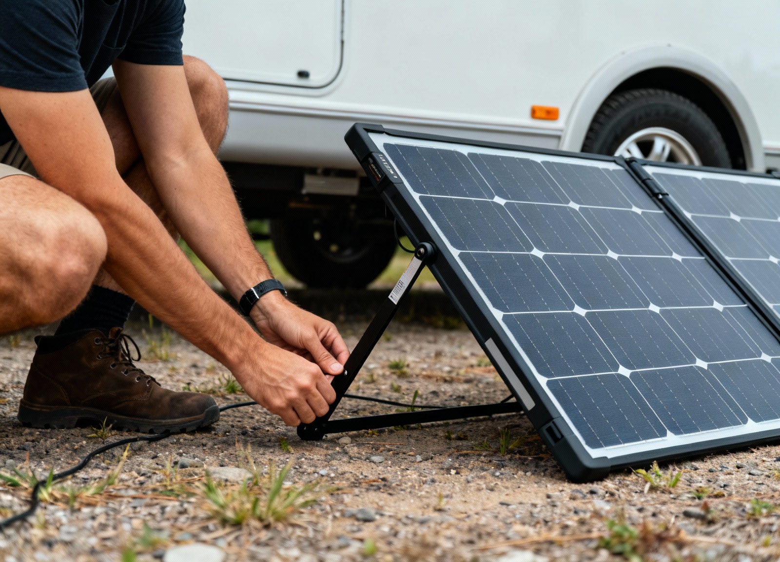 Hands adjusting kickstand angle on portable RV solar panel