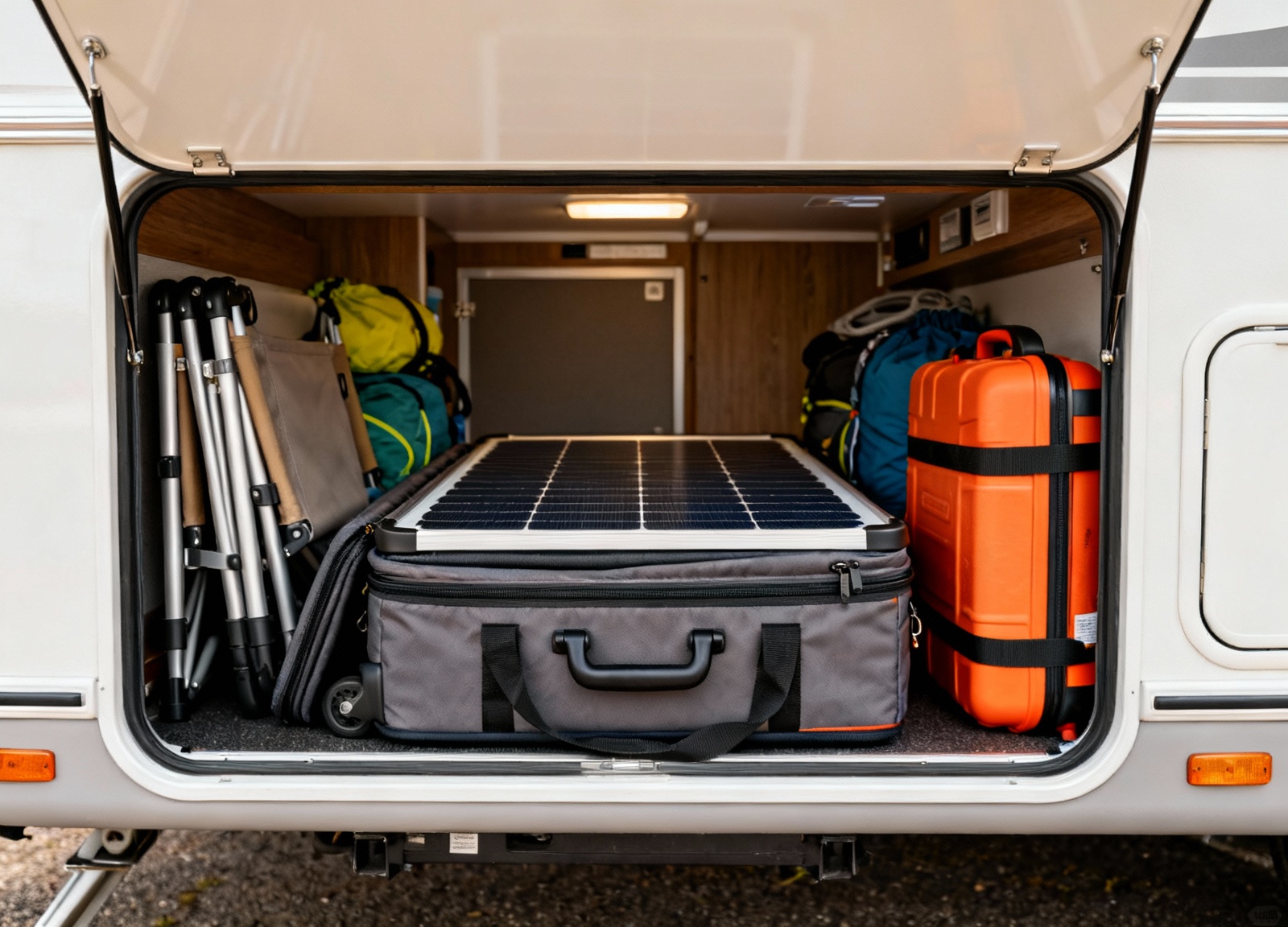 Folded suitcase solar panel stored compactly in RV storage compartment