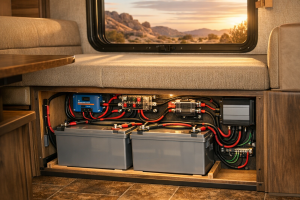 AGM batteries installed in RV solar power system with organized wiring