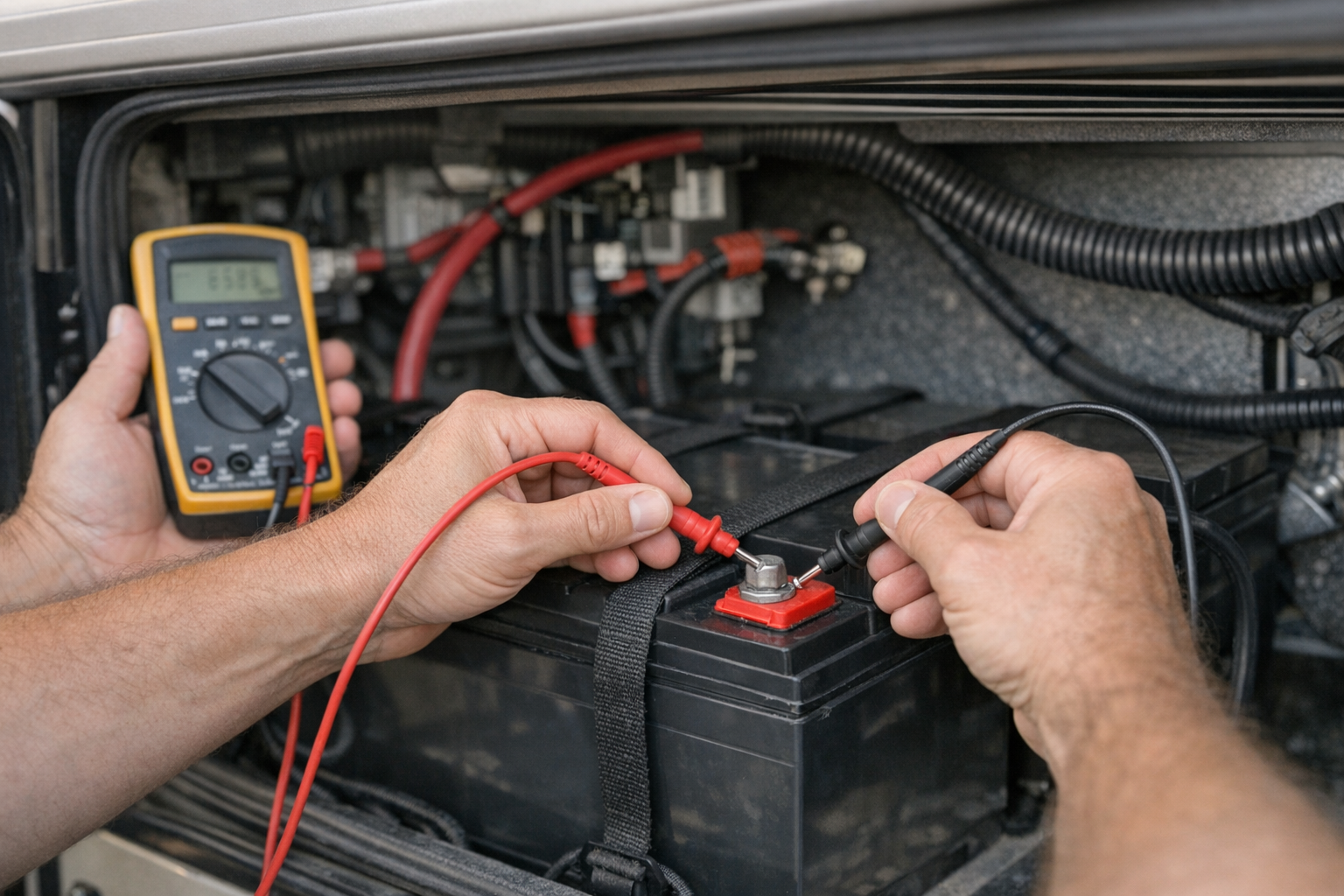 Testing AGM battery voltage with multimeter in RV compartment