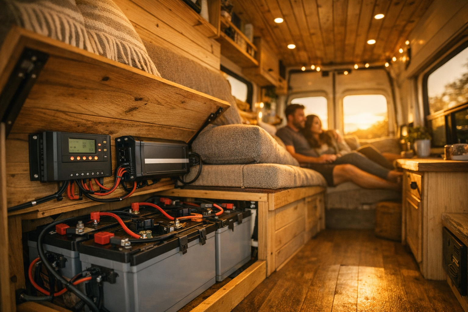 Complete RV solar setup with AGM batteries powering off-grid van life