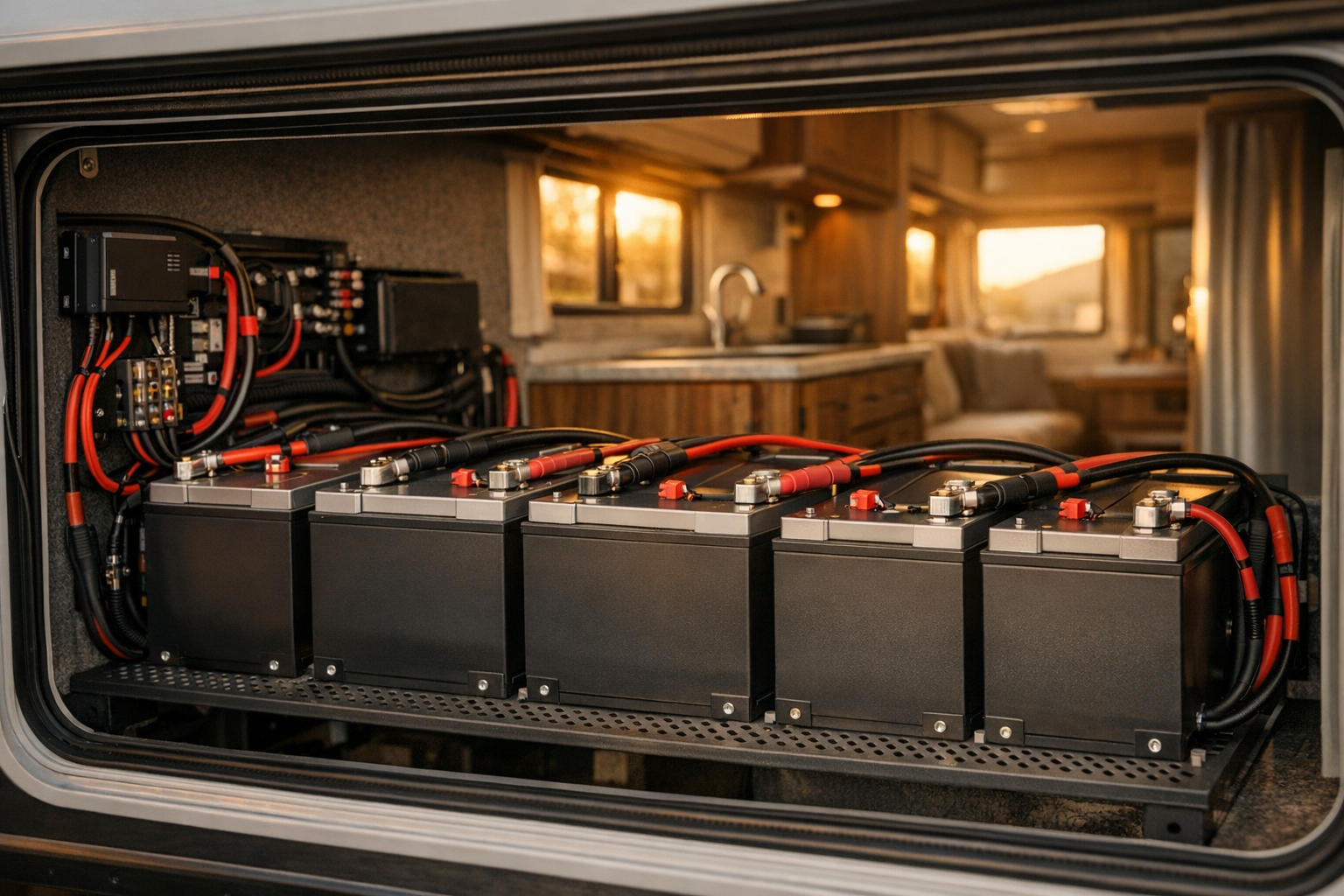 Lithium batteries for RV solar installed in modern campervan compartment