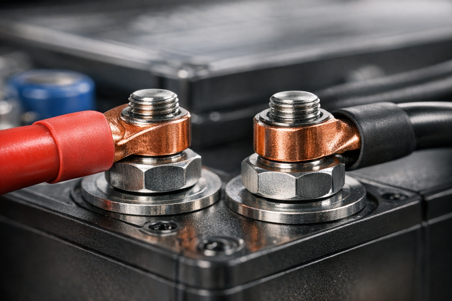 Close-up of lithium battery terminal connections with proper copper lugs