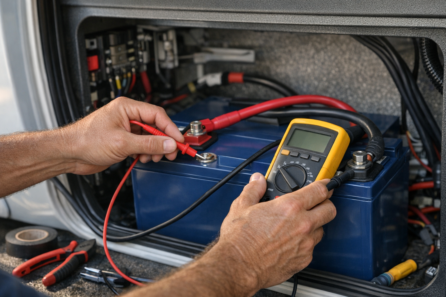 Hands testing RV lithium battery voltage with multimeter in camper
