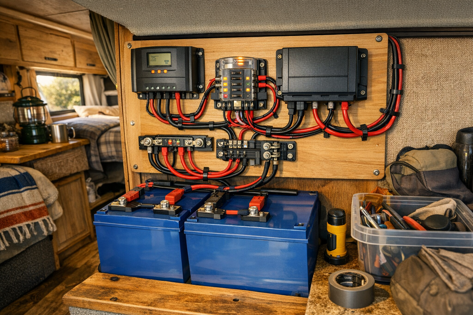Complete RV solar system installation with lithium batteries and charge controller
