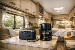 Portable power station charging devices inside modern camper van with forest view