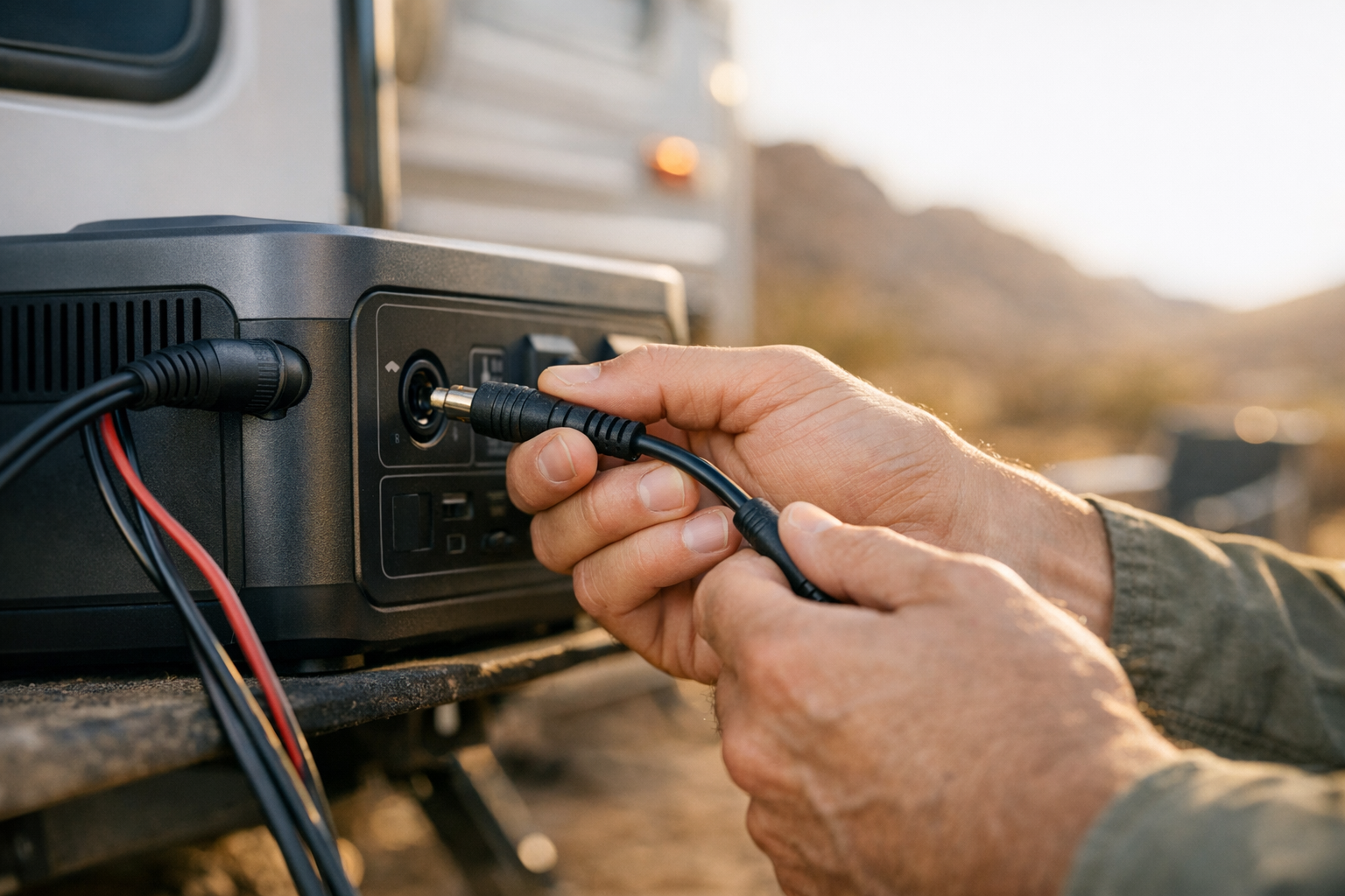 Hands connecting solar panel cable to portable power station at RV campsite