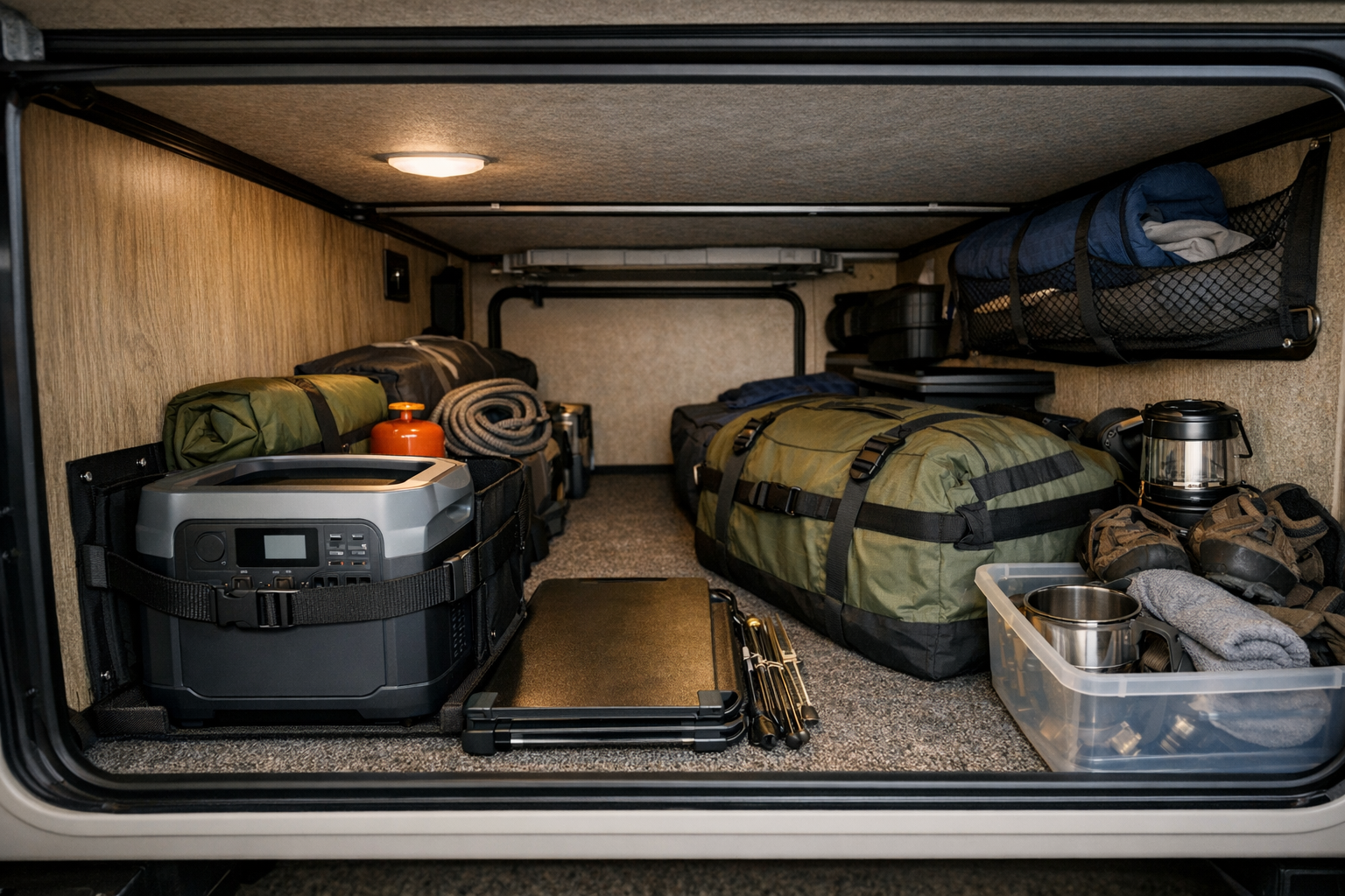 Portable power station stored securely in RV storage compartment with camping gear
