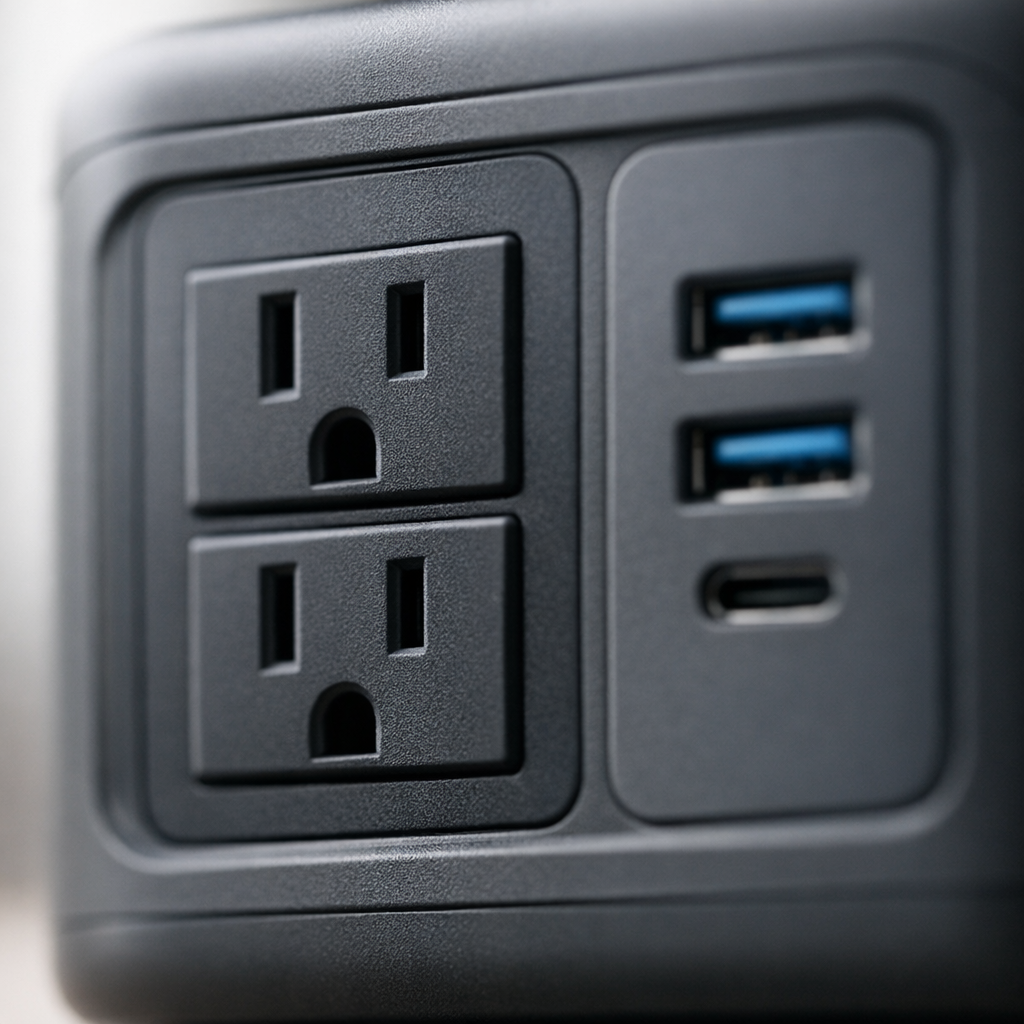 Close-up of portable power station outlet ports and USB connections