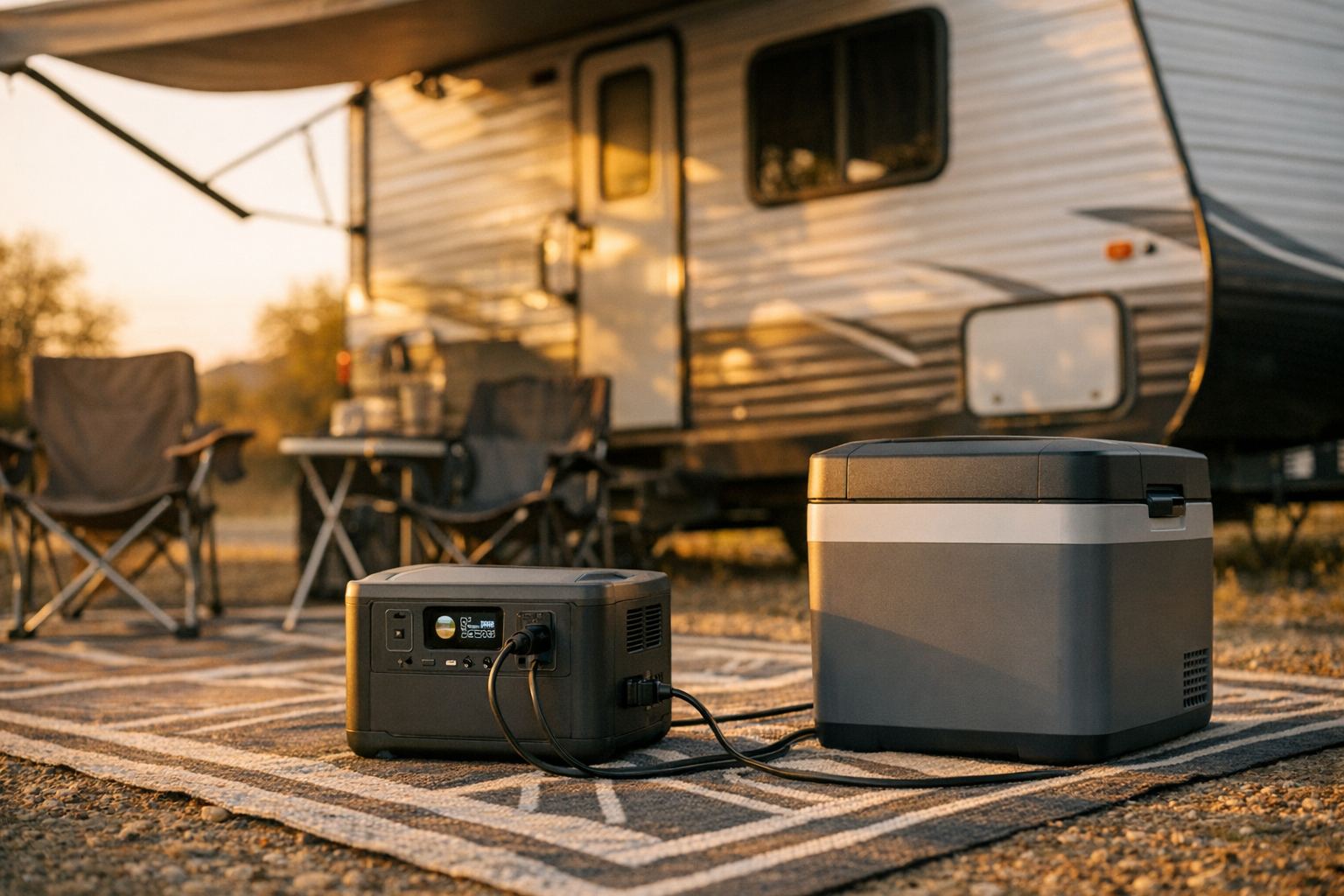 Portable power station running small refrigerator at outdoor RV camping setup