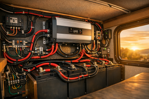 Pure sine wave inverter installed in RV electrical system with organized wiring
