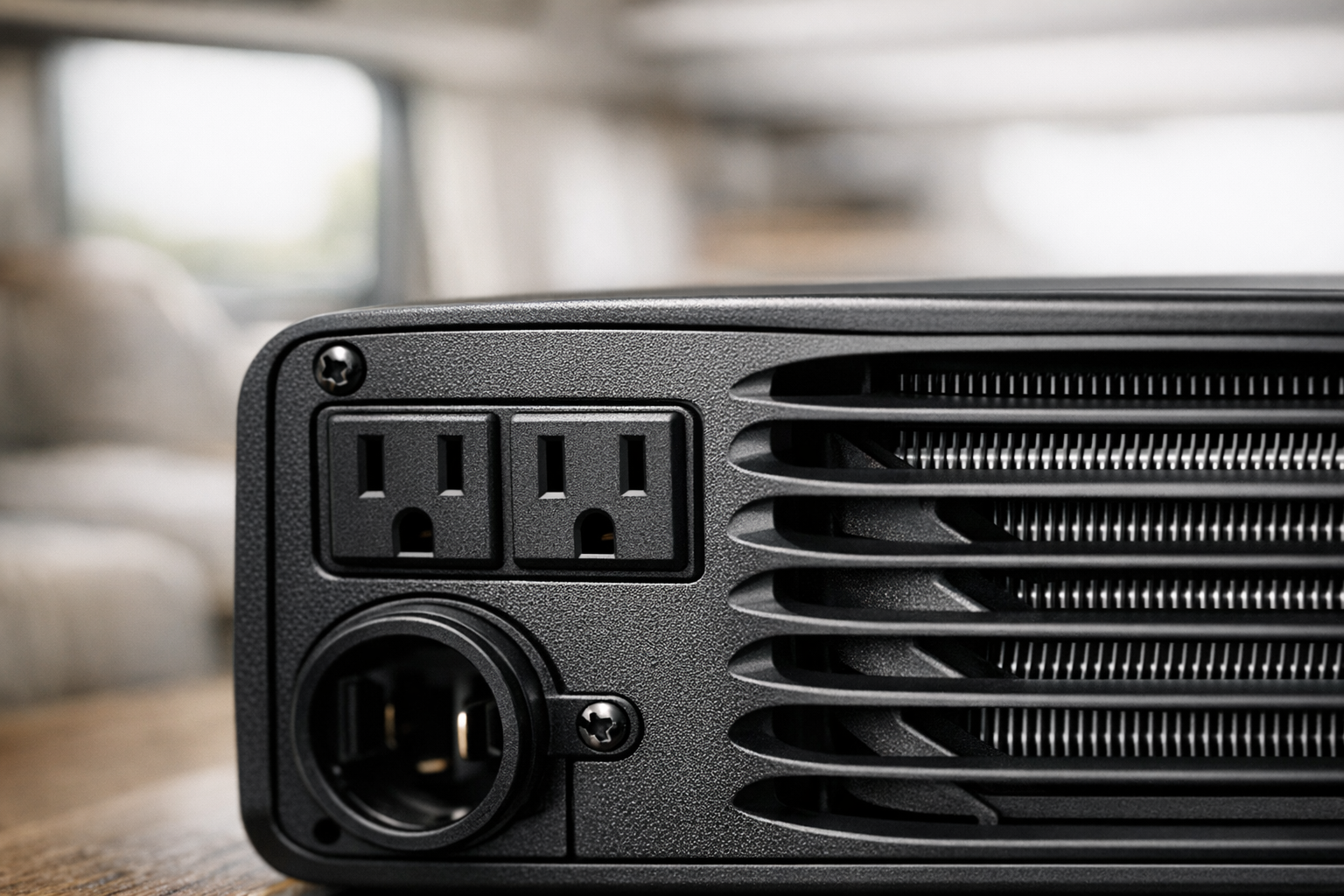 Close-up of pure sine wave inverter outlets and ventilation ports