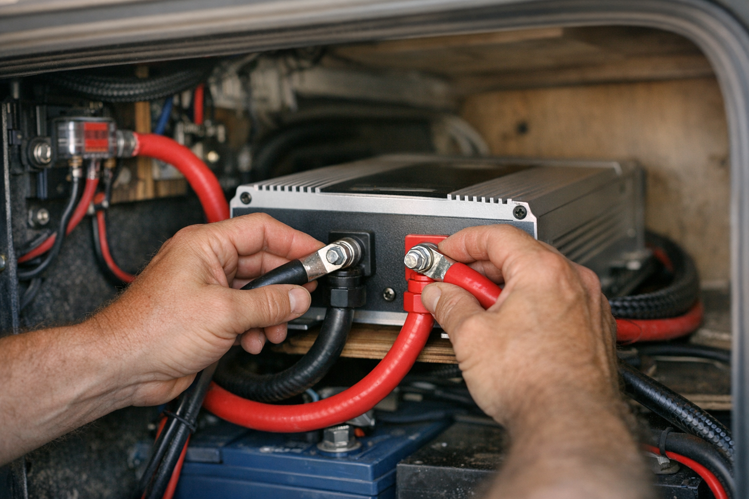 Hands connecting battery cables to RV inverter terminals properly