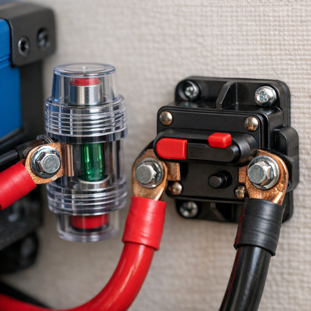 Inline fuse and circuit breaker protecting RV inverter installation
