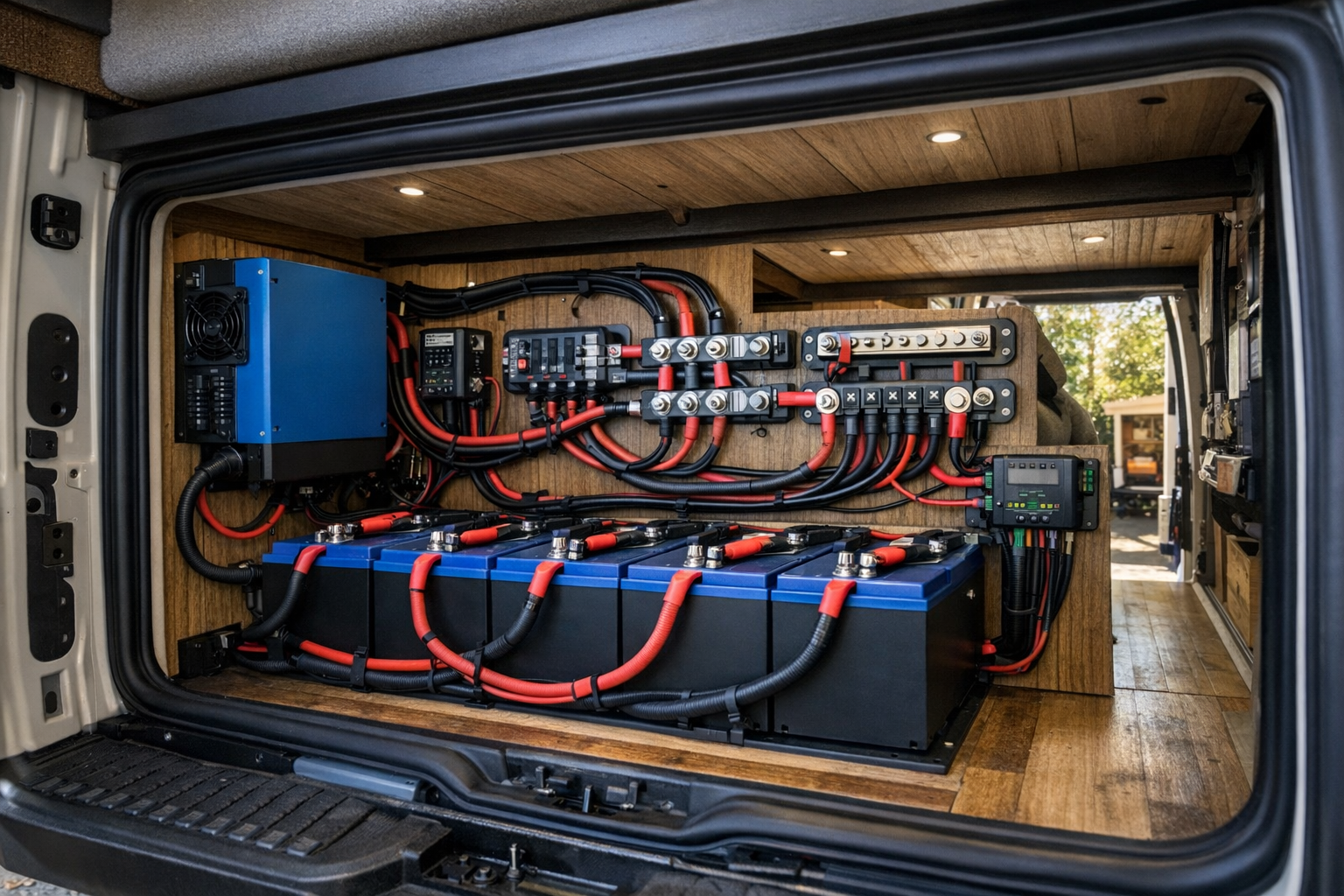 Complete RV electrical system with inverter and battery bank installed