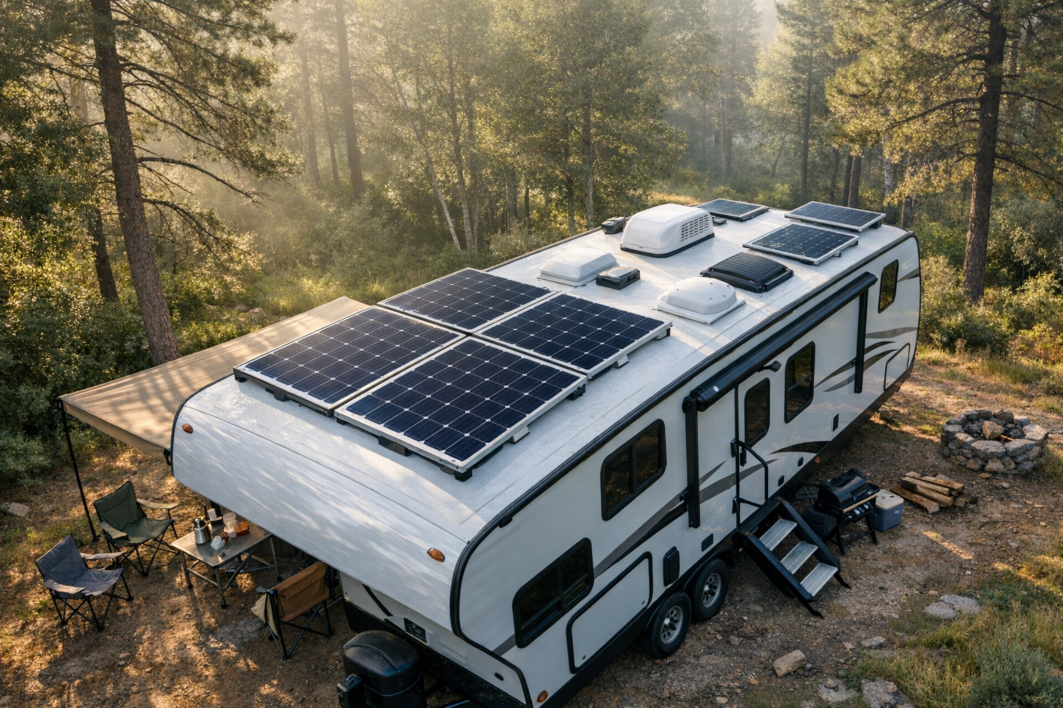 Travel trailer with rooftop solar panels in forest campsite showing RV solar wattage setup