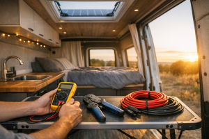 Multimeter and crimping tool for RV solar inside camper van