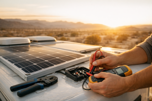 Multimeter and crimping tool for RV solar installation on rooftop at golden hour