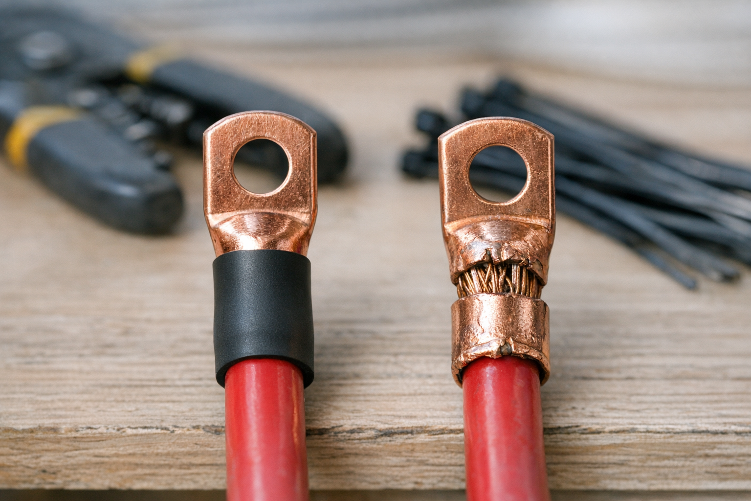 Good versus bad crimp connections on RV solar cable lugs
