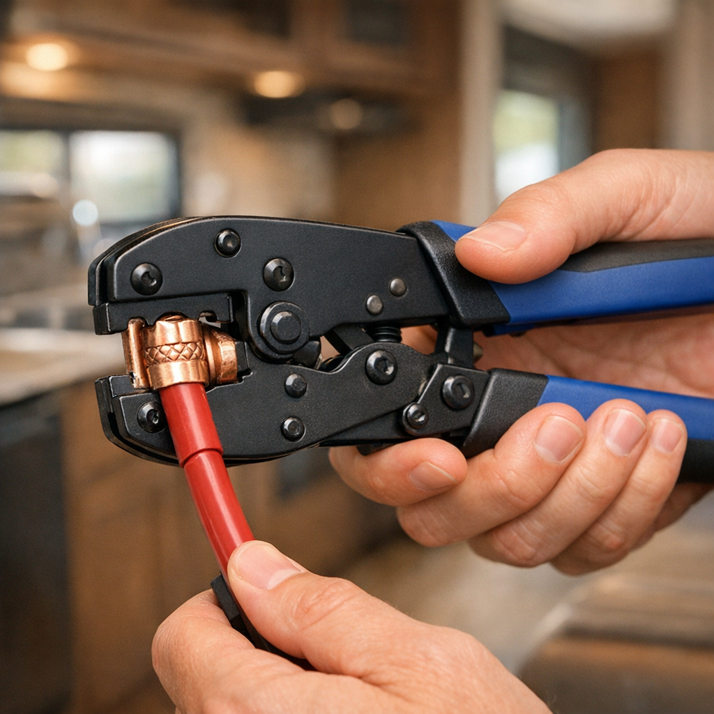Hands using ratcheting crimping tool on RV solar cable lug