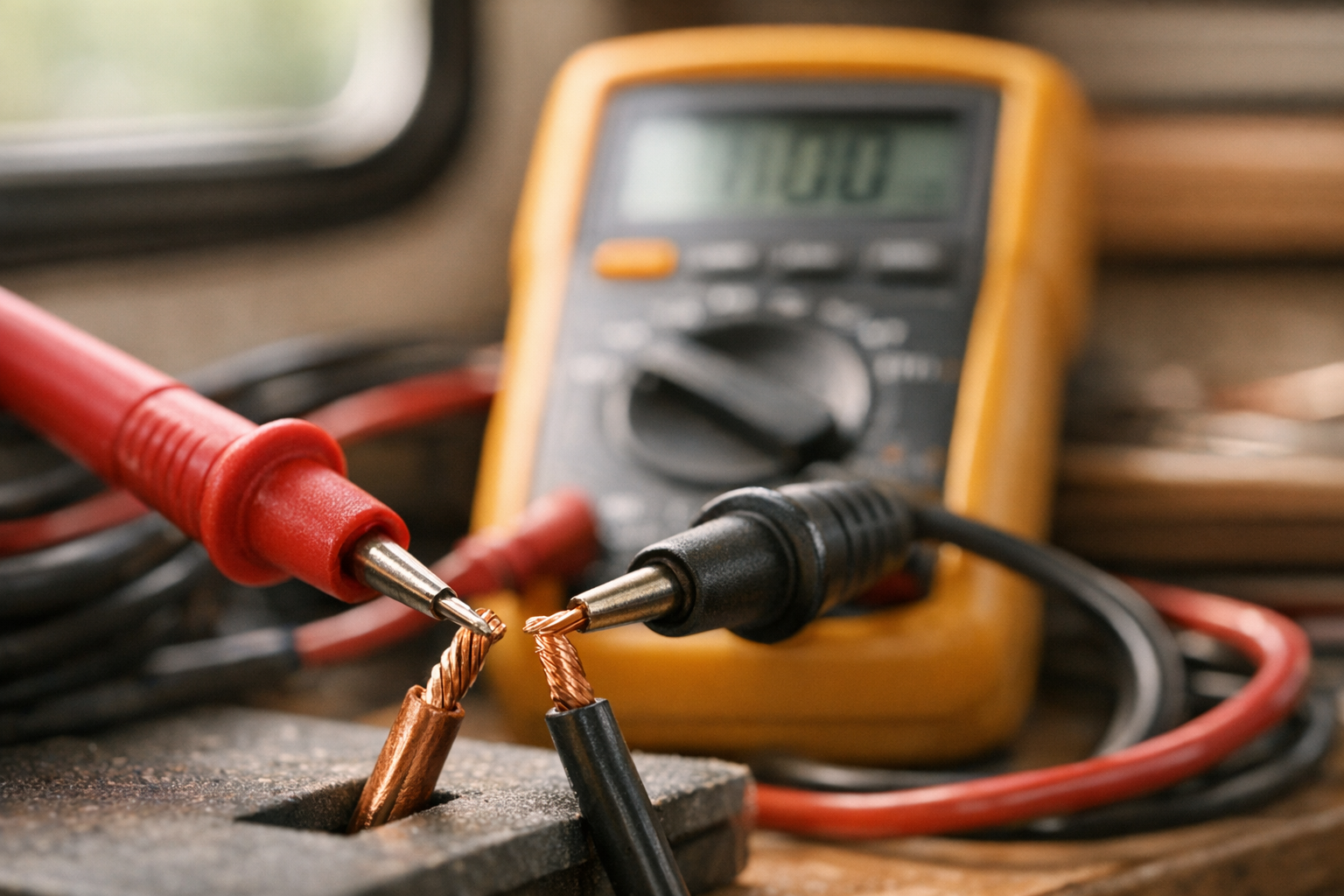 Close-up of digital multimeter probes testing RV solar wiring