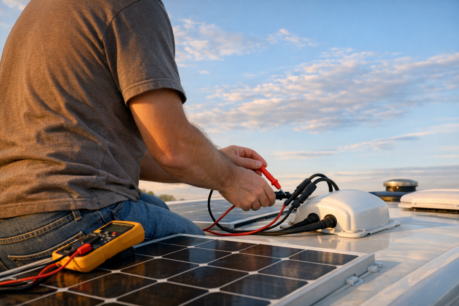 Person testing RV solar panel voltage with multimeter on rooftop