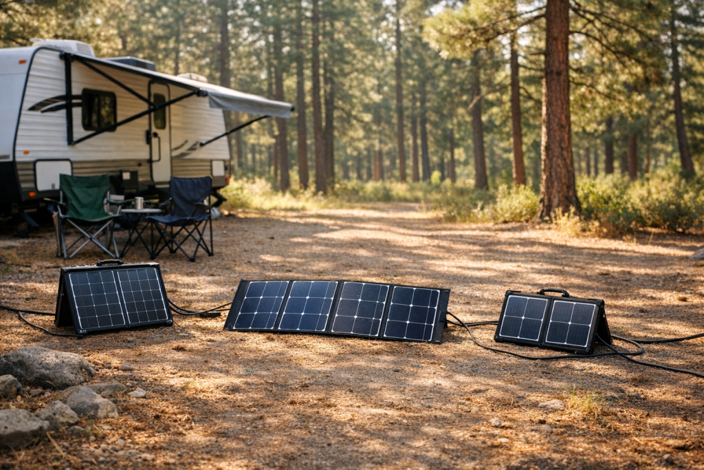 Portable RV solar panels set up at a forest campsite near a travel trailer