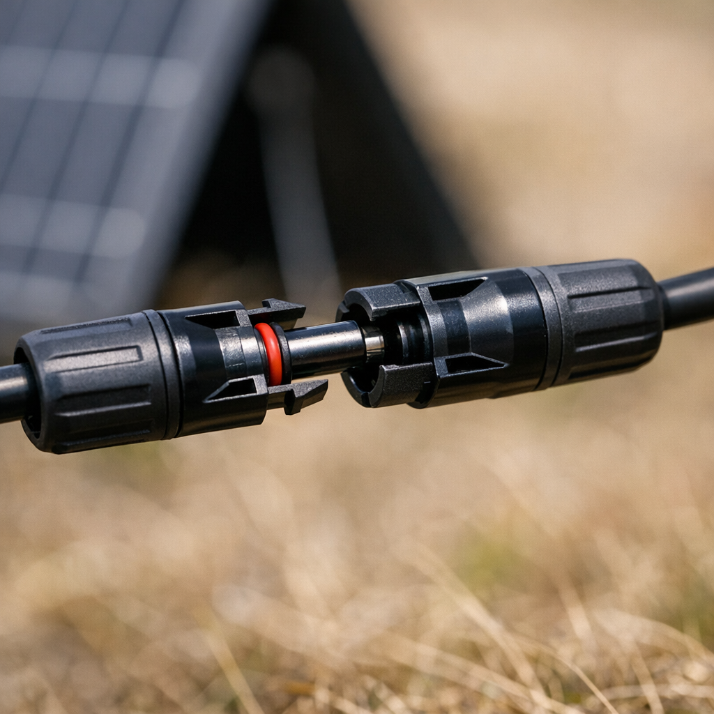 Close-up of MC4 connector on a portable RV solar panel cable
