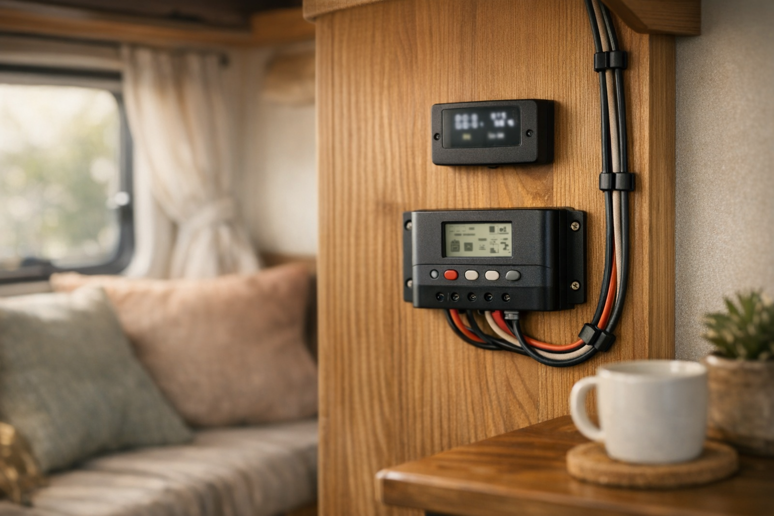 RV interior showing charge controller connected to portable solar panel system