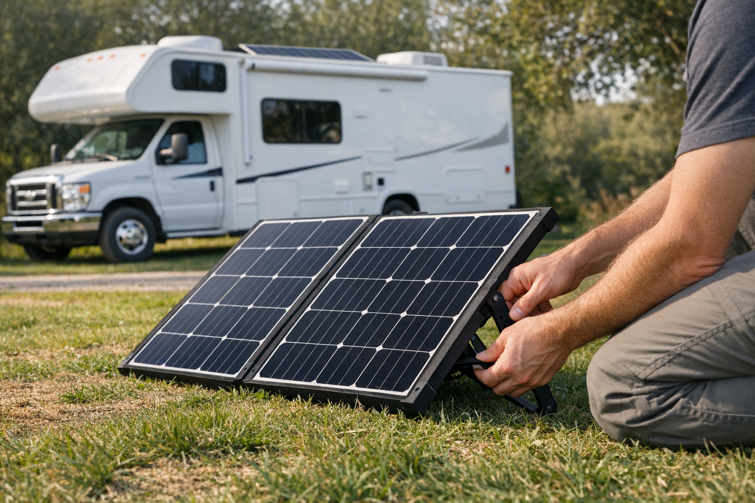 Hands adjusting a portable solar panel beside an RV with roof-mounted panel visible