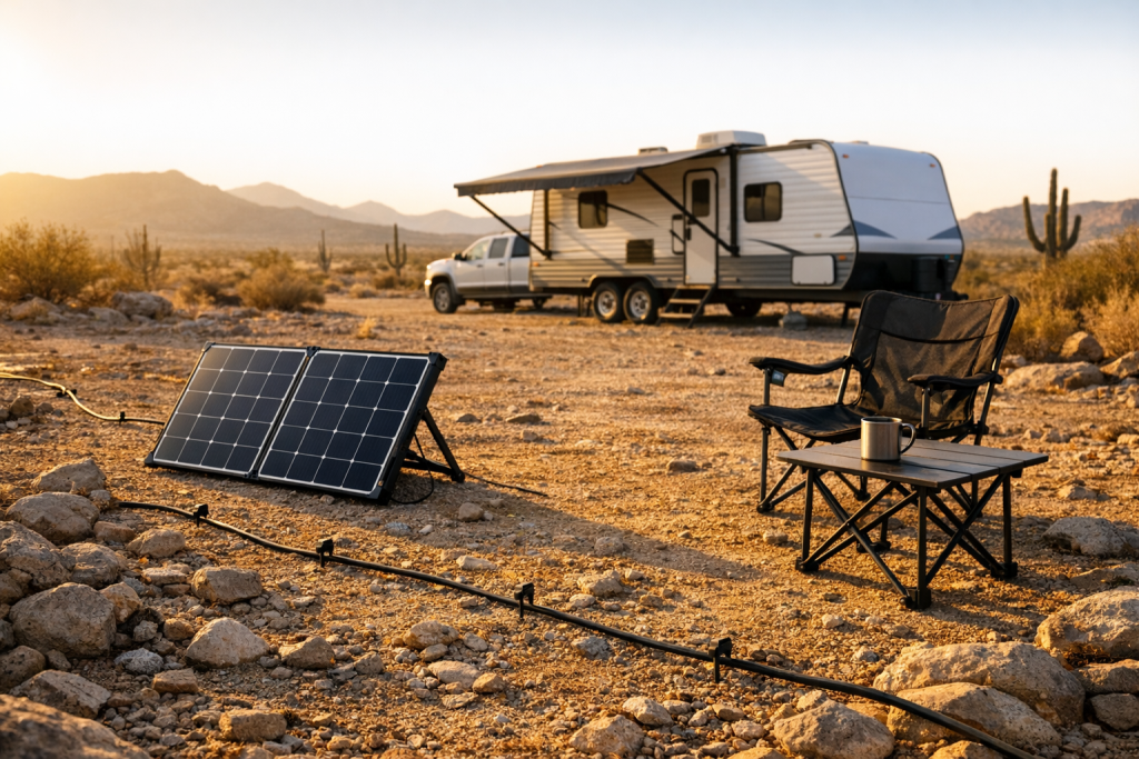 Portable solar panel with extension cable at a desert boondocking campsite
