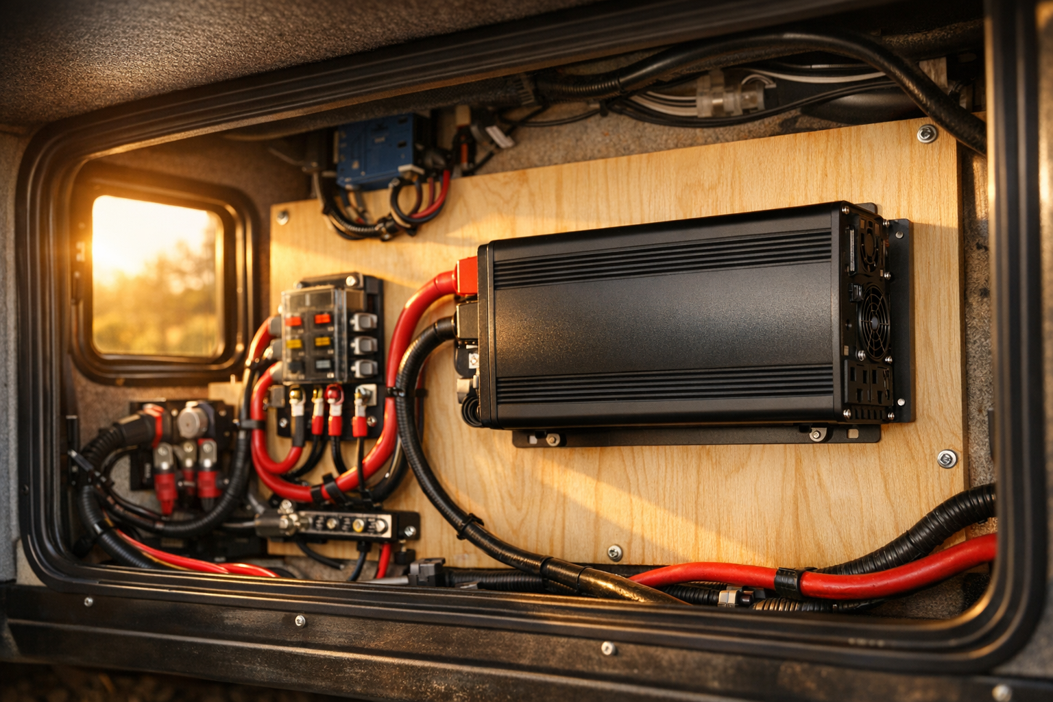 Pure sine wave inverter installed inside an RV electrical compartment with neat wiring