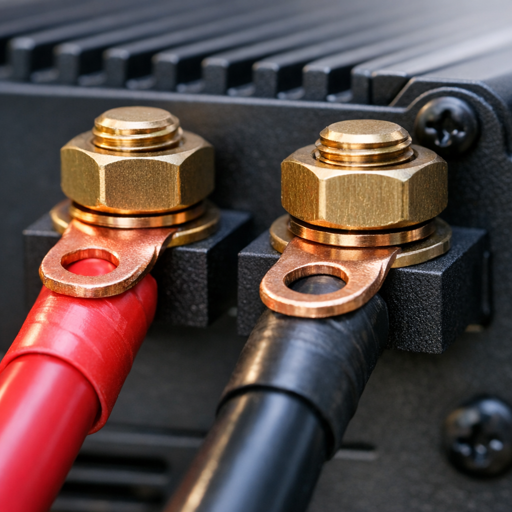 Close-up of DC terminal connections on a pure sine wave inverter