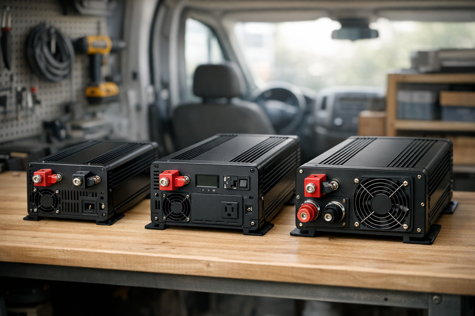 Three pure sine wave inverters for RV compared side by side on workbench
