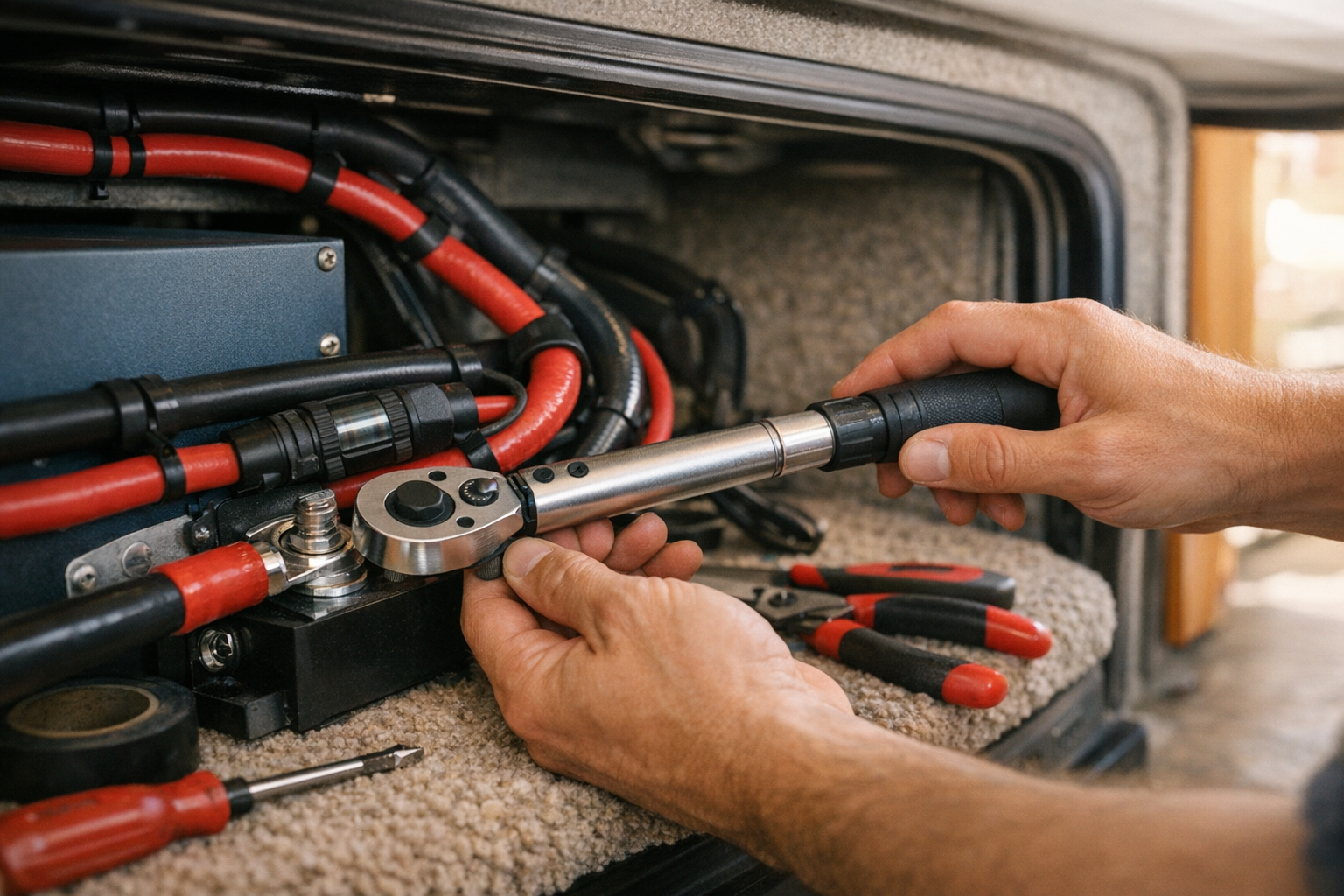 Hands installing a pure sine wave inverter with proper fuse and cable routing in RV