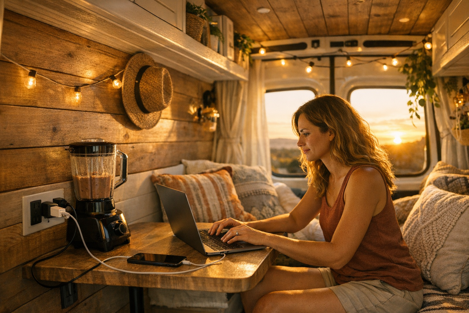 Woman using laptop and appliances powered by RV pure sine wave inverter
