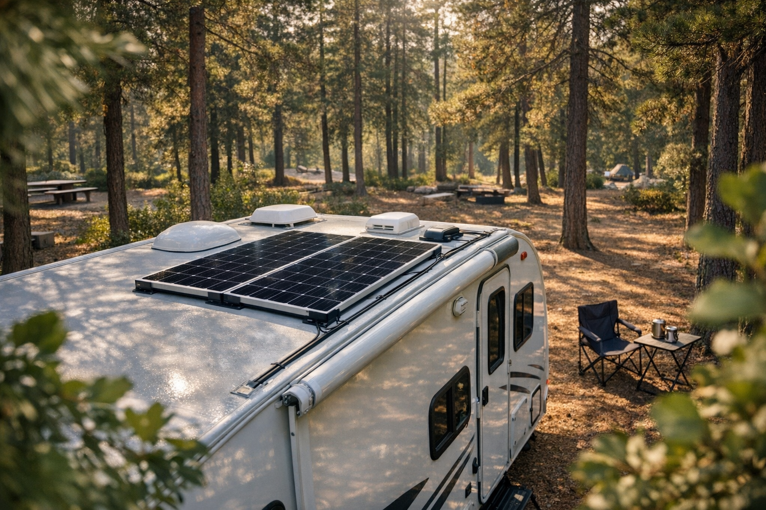 Travel trailer with 100W solar panel kit installed on roof at forest campsite