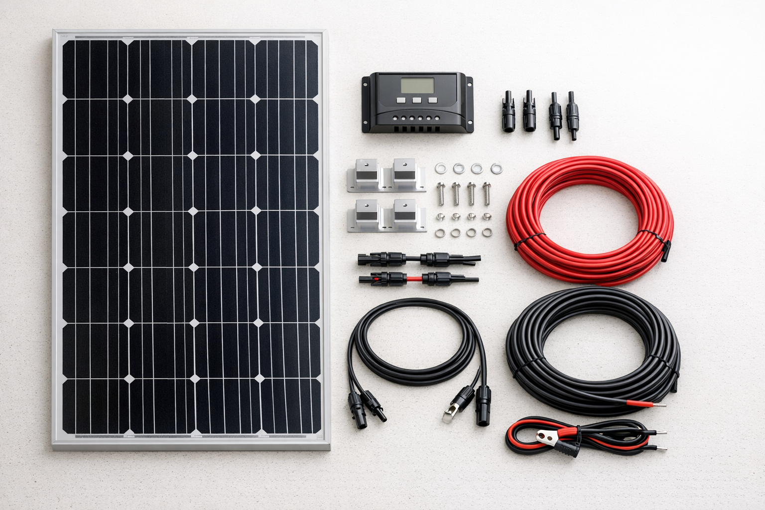 Complete 100W RV solar kit components laid out on workbench