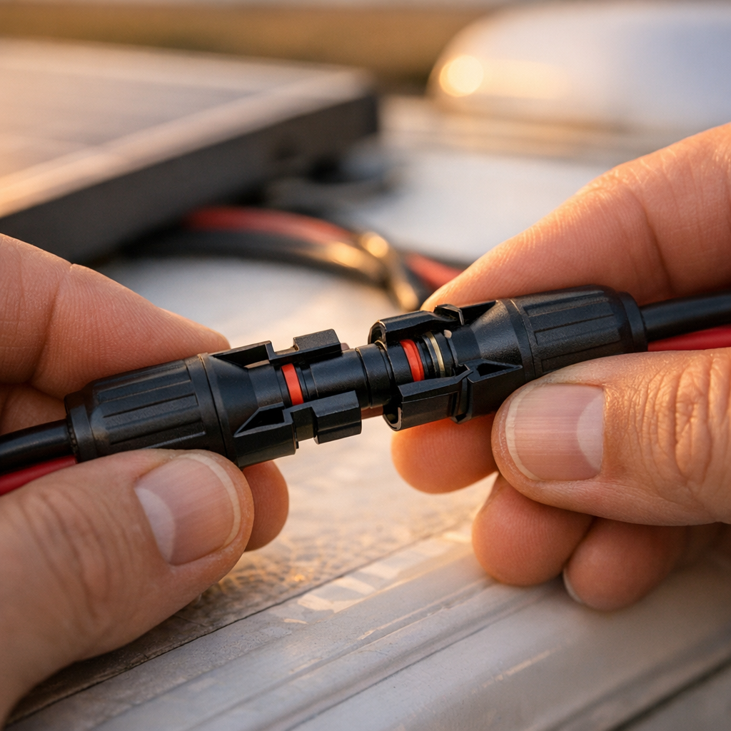 Hands connecting MC4 connectors during RV solar kit installation