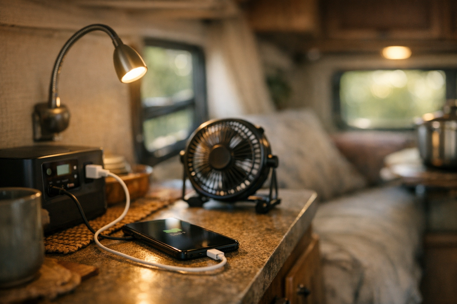 RV interior showing devices powered by 100W solar kit