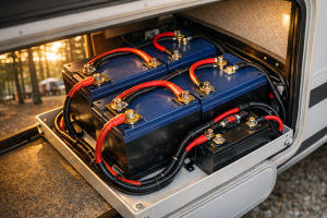 RV battery bank with lithium batteries installed showing amp hour capacity setup