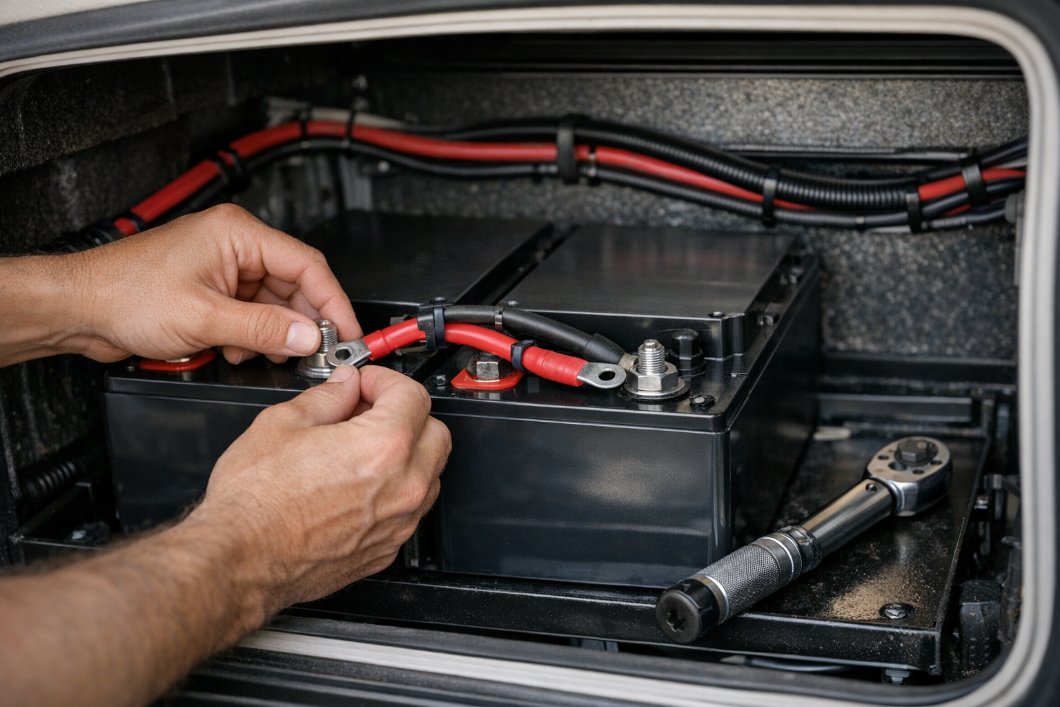 Hands wiring RV battery bank in parallel to increase amp hour capacity