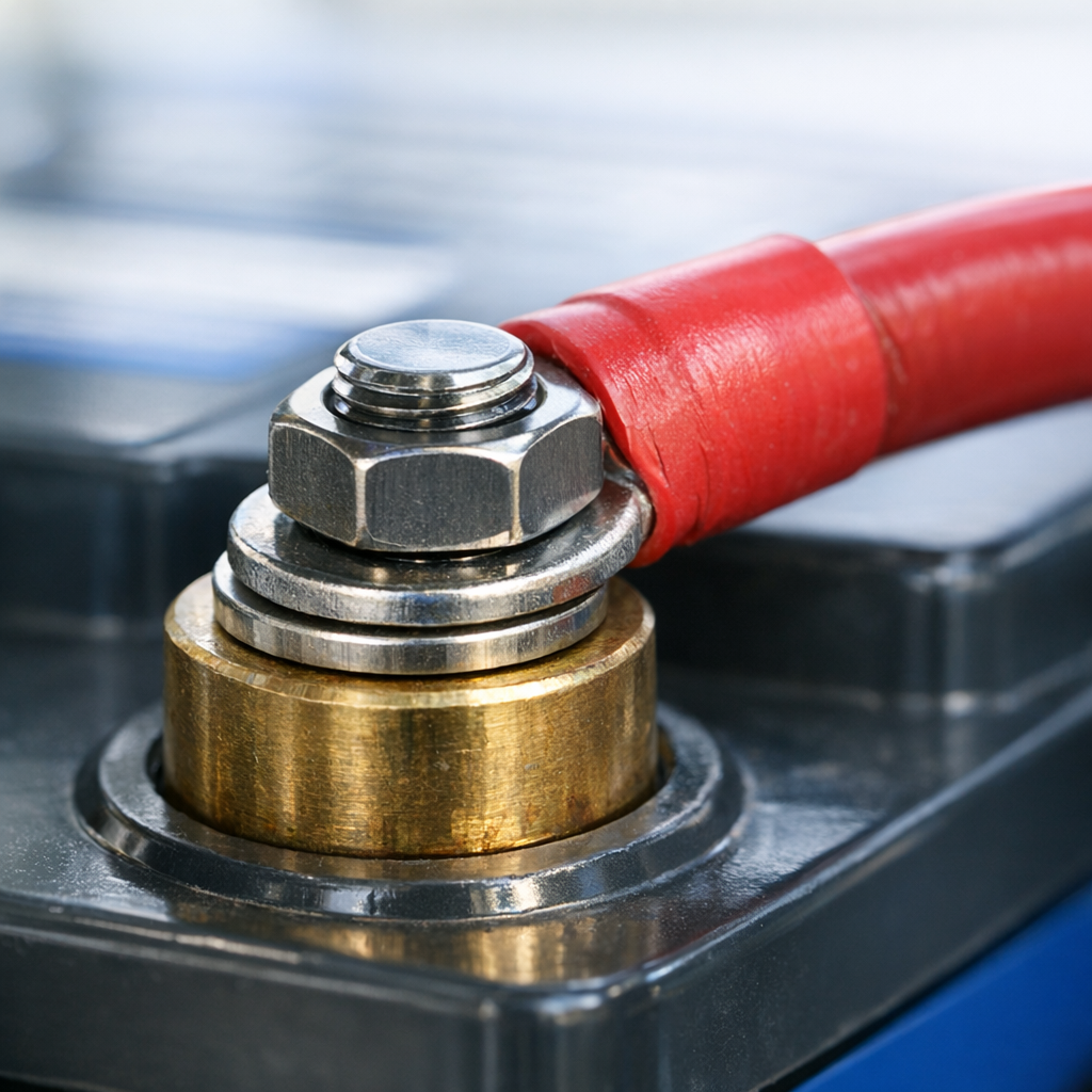 Close-up of RV battery terminal showing amp hour battery connection detail
