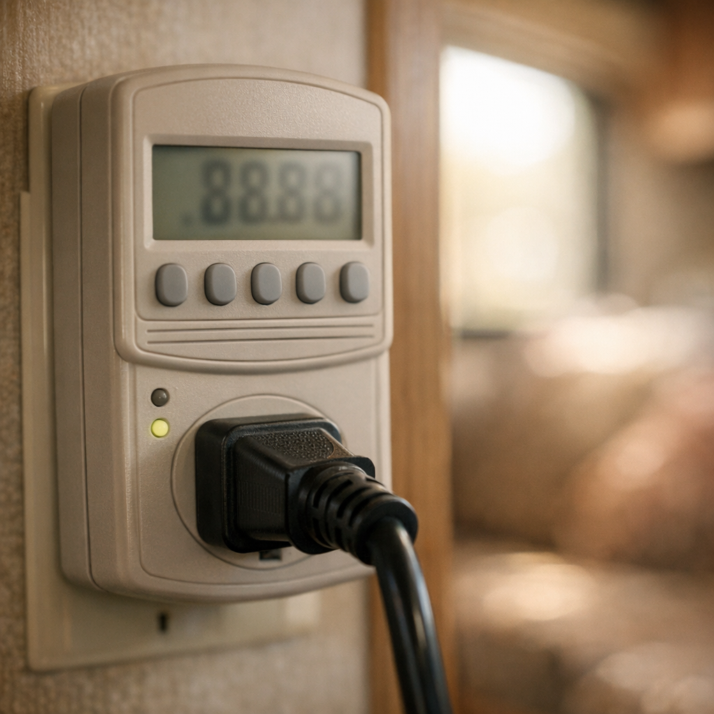 Plug-in watt meter in RV outlet measuring appliance draw during audit