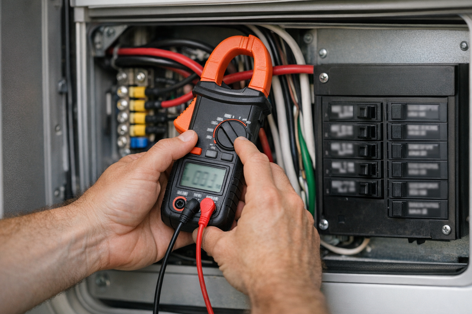Hands measuring RV circuit amperage with clamp meter during energy audit
