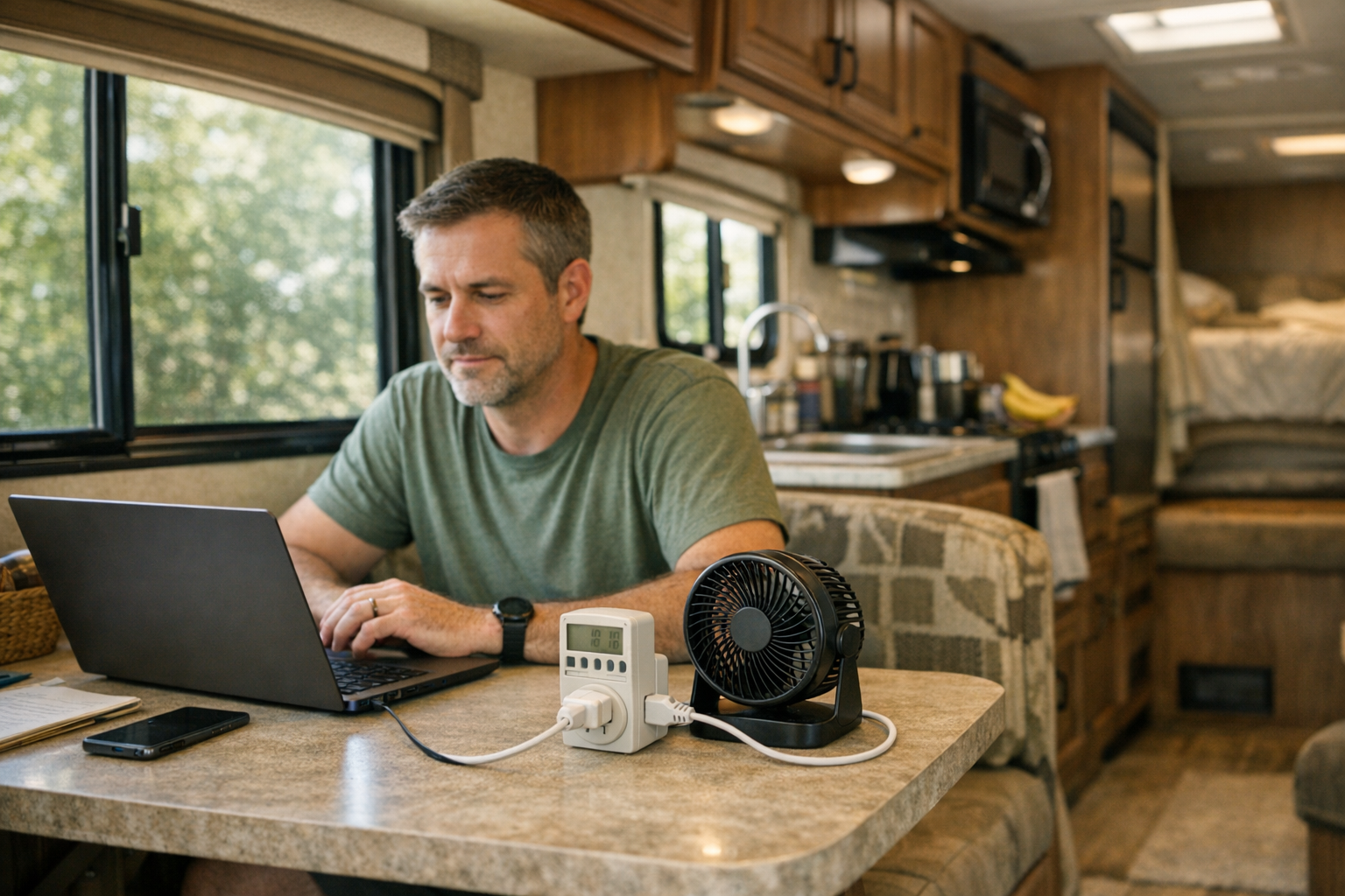 Man testing RV appliance wattage with plug-in meter for energy audit example