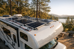 Class C RV with rooftop solar panels wired for series vs parallel voltage configuration