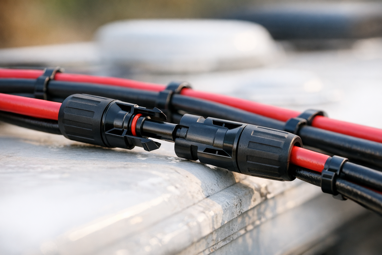Close-up of MC4 solar connectors joining series wiring on RV roof