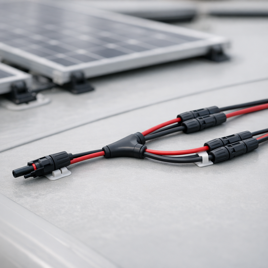 MC4 Y-branch parallel connector splitting solar cables on RV rooftop