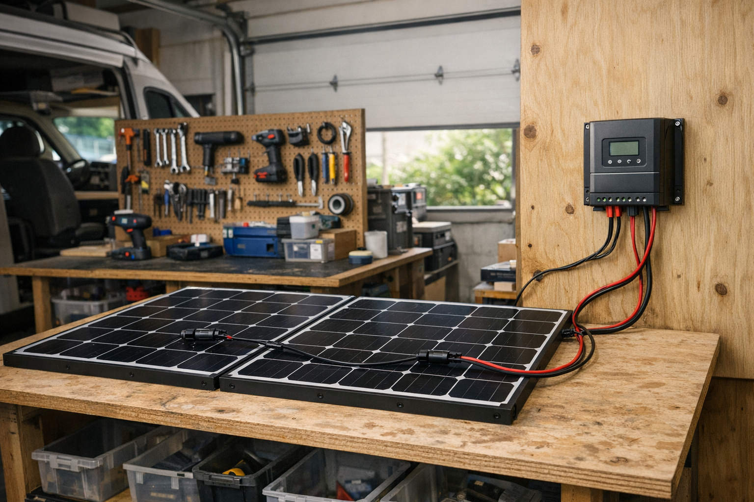 RV workshop with solar panels wired in series next to MPPT charge controller